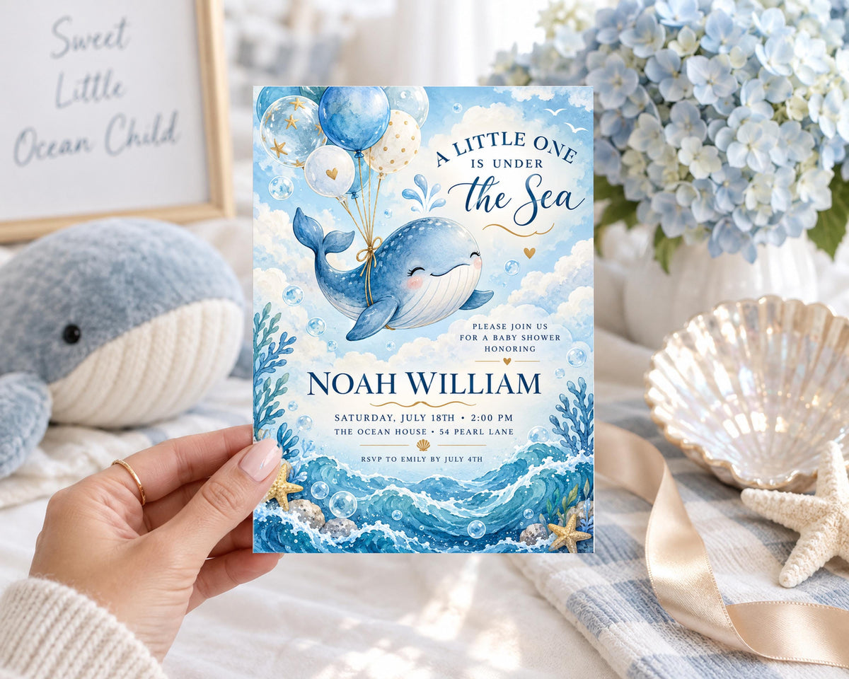 A hand holding a blue and white baby shower invitation for Noah William, featuring a whale and bubbles, with a framed picture of a baby shower in the background.