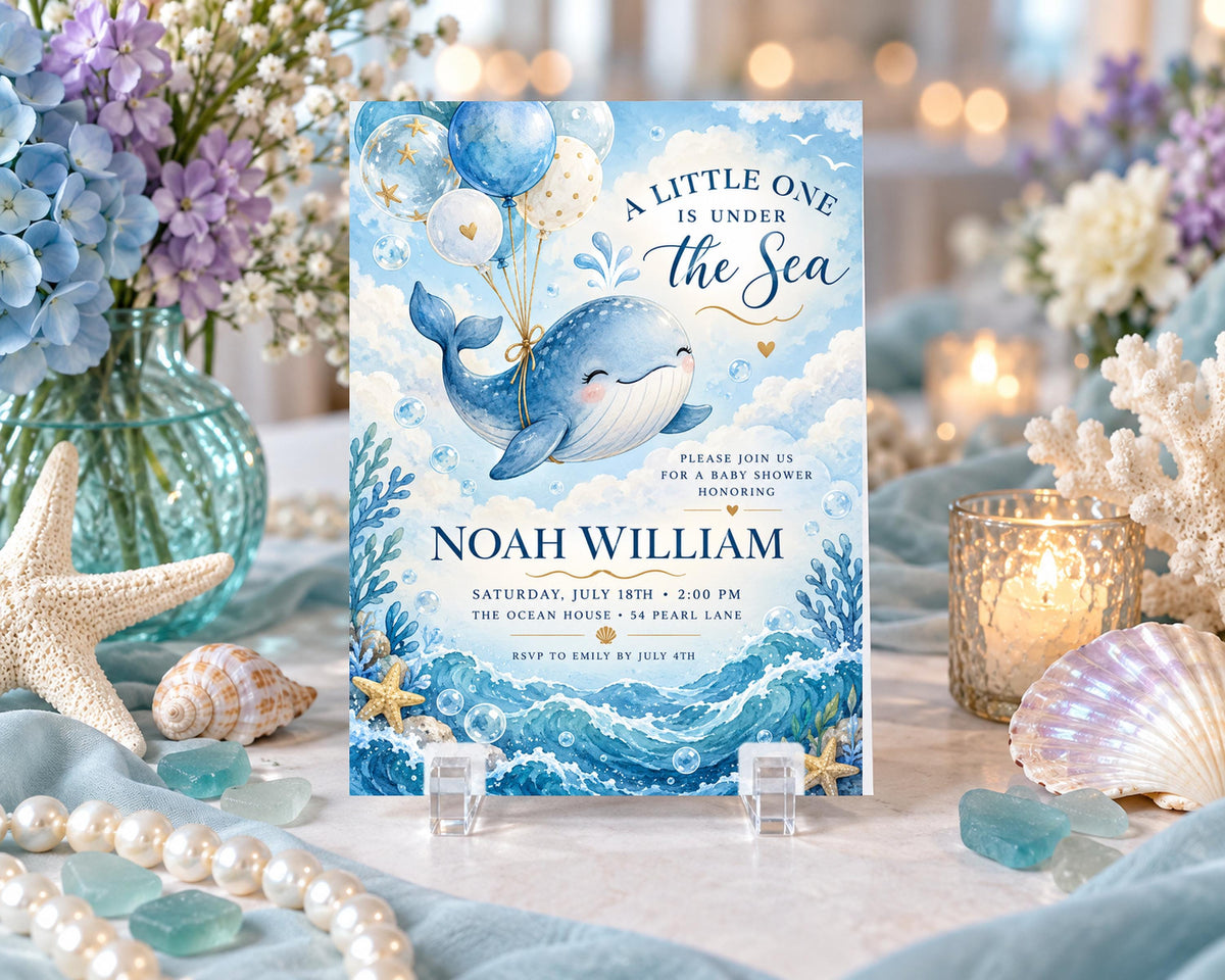 A baby shower invitation featuring a blue whale and balloons, with a seashell and starfish decoration on a table.