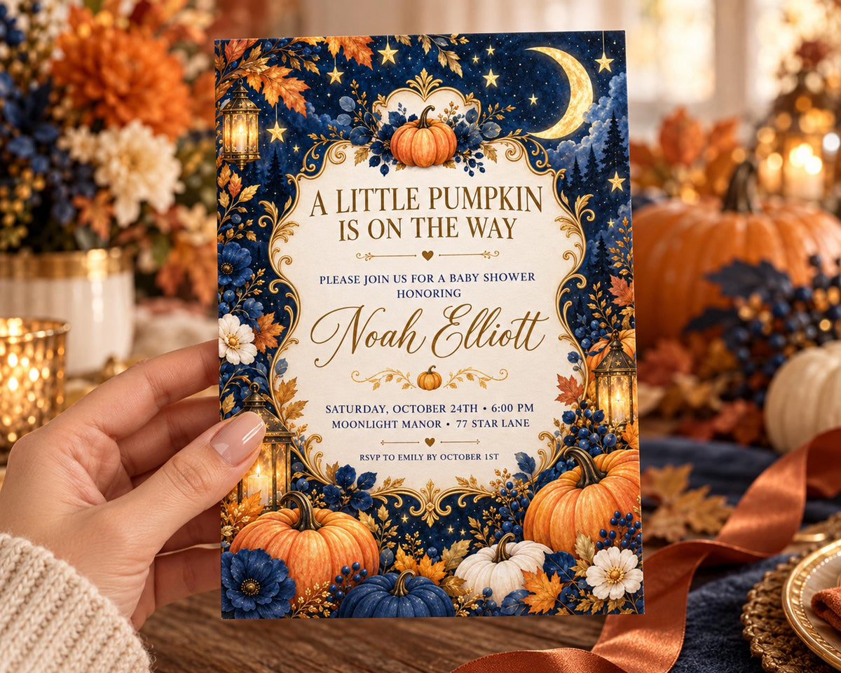 A hand holding a baby shower invitation with a pumpkin and autumn theme.
