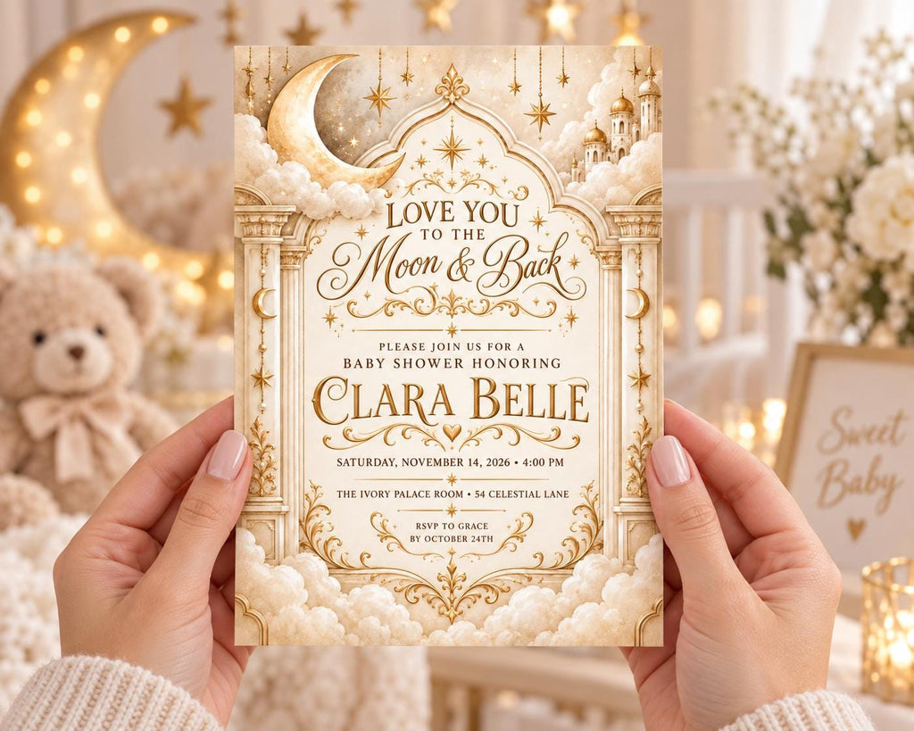 A person is holding a baby shower invitation with a moon and star theme, featuring a teddy bear in the background.