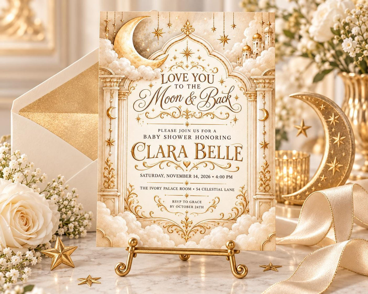 The image is a gold and white baby shower invitation for a baby shower honoring Clara Belle.