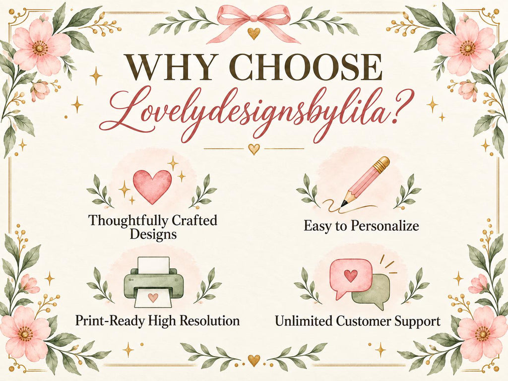 The image is a promotional graphic for a company named "Lovely Designs by Lila", featuring various design services and features.
