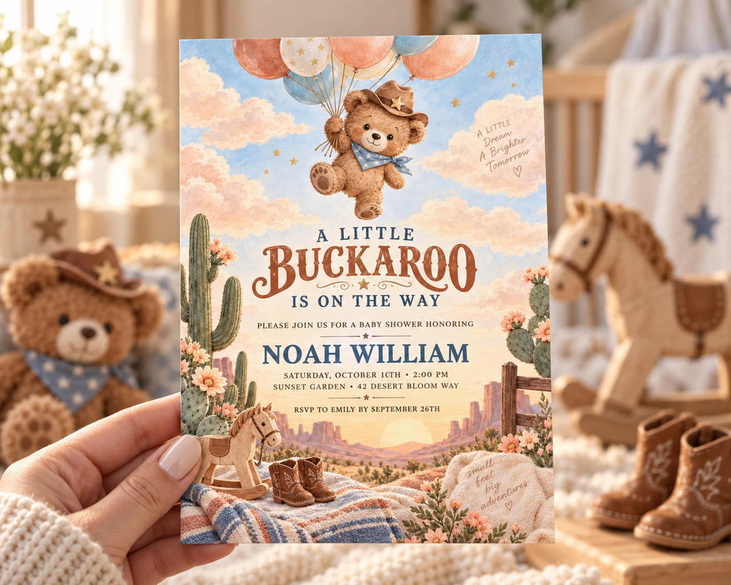 A hand holding a baby shower invitation for Noah William's birthday party, featuring a teddy bear riding a balloon, a cowboy hat, and a desert landscape.