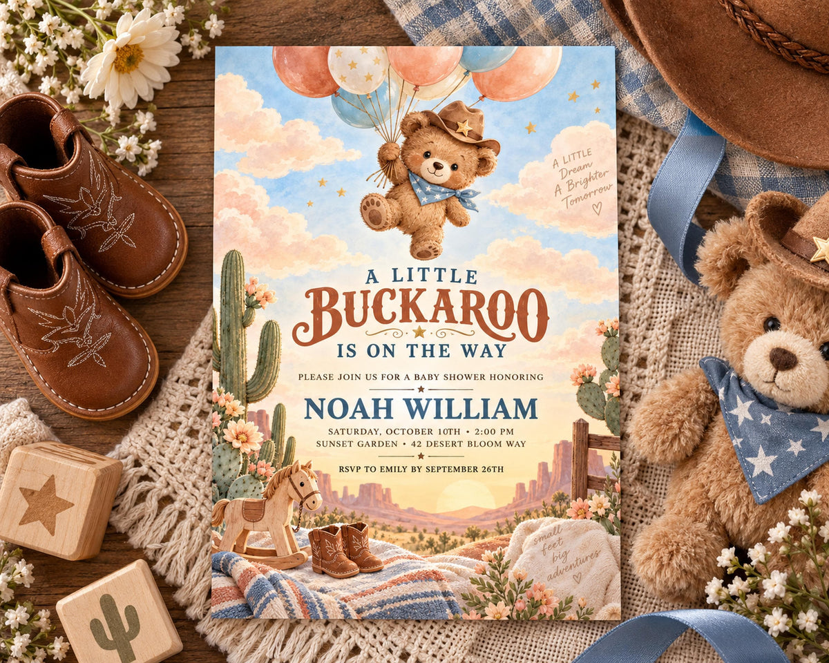 a baby shower invitation for Noah William, with a teddy bear, cowboy boots, and other baby-themed items surrounding it.