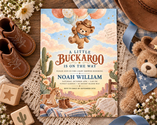 a baby shower invitation for Noah William, with a teddy bear, cowboy boots, and other baby-themed items surrounding it.