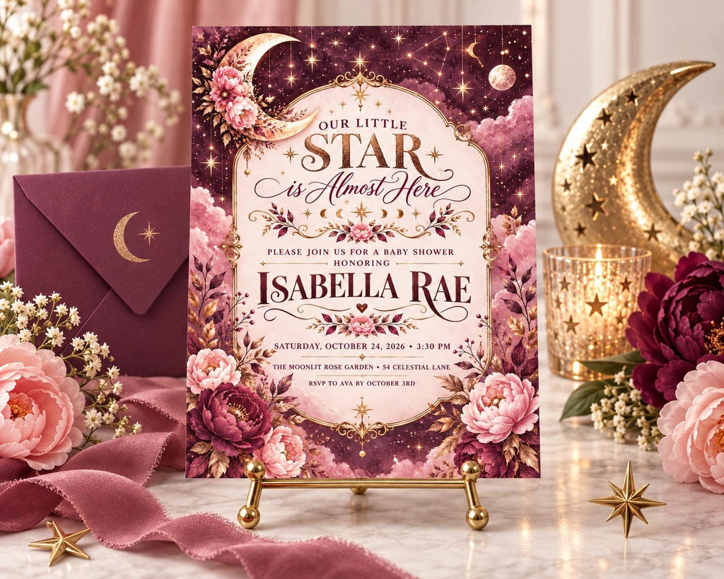 The image is a beautifully designed baby shower invitation featuring a star and moon theme, with pink and purple flowers surrounding it. The invitation is placed on a stand and is surrounded by various decorative elements such as a crescent moon, stars, and flowers.