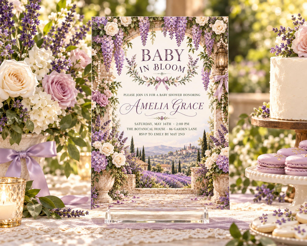 The image is a baby shower invitation featuring a beautiful floral design with purple and white flowers, surrounded by a table with a cake, flowers, and other decorations.