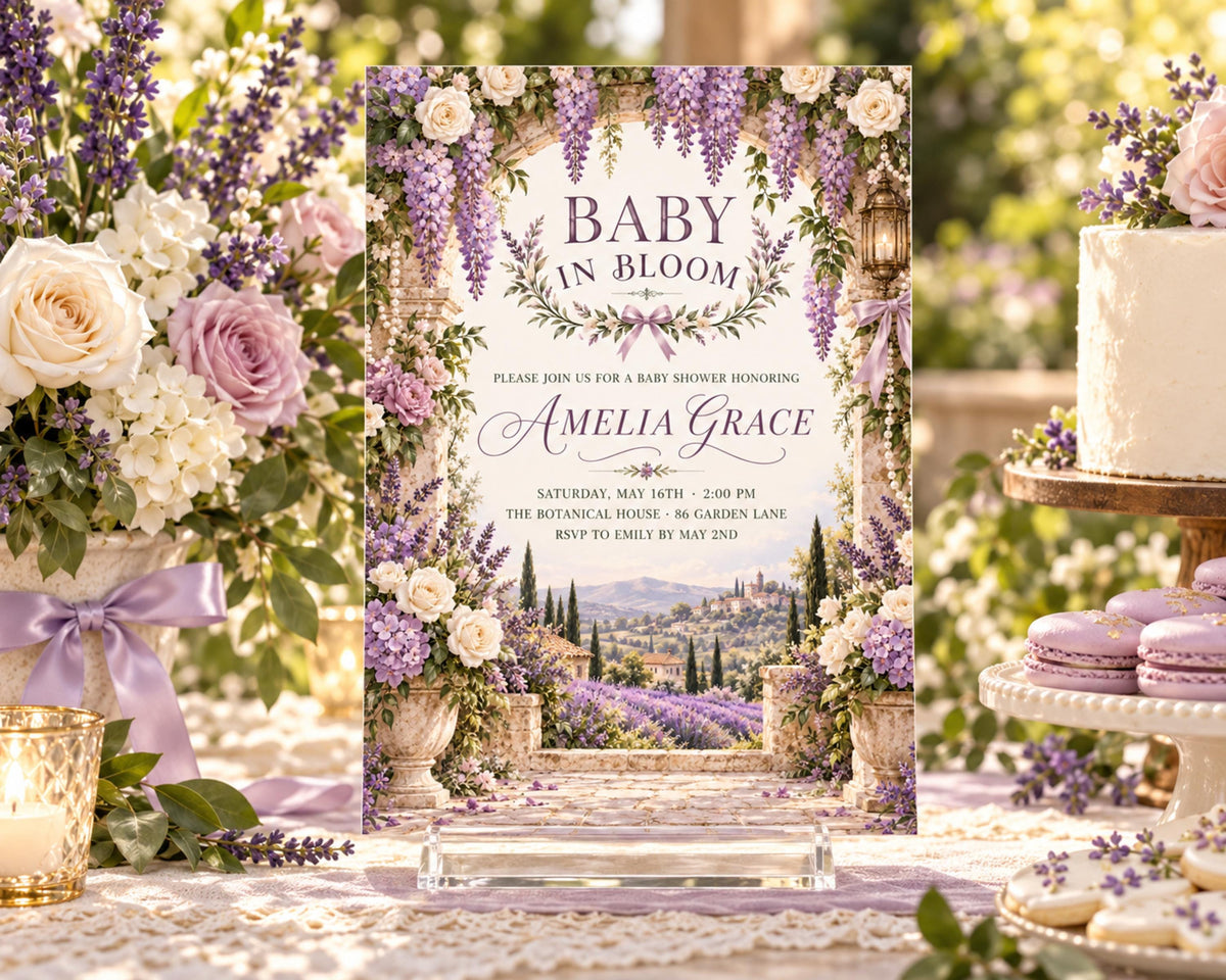 The image is a baby shower invitation featuring a beautiful floral design with purple and white flowers, surrounded by a table with a cake, flowers, and other decorations.