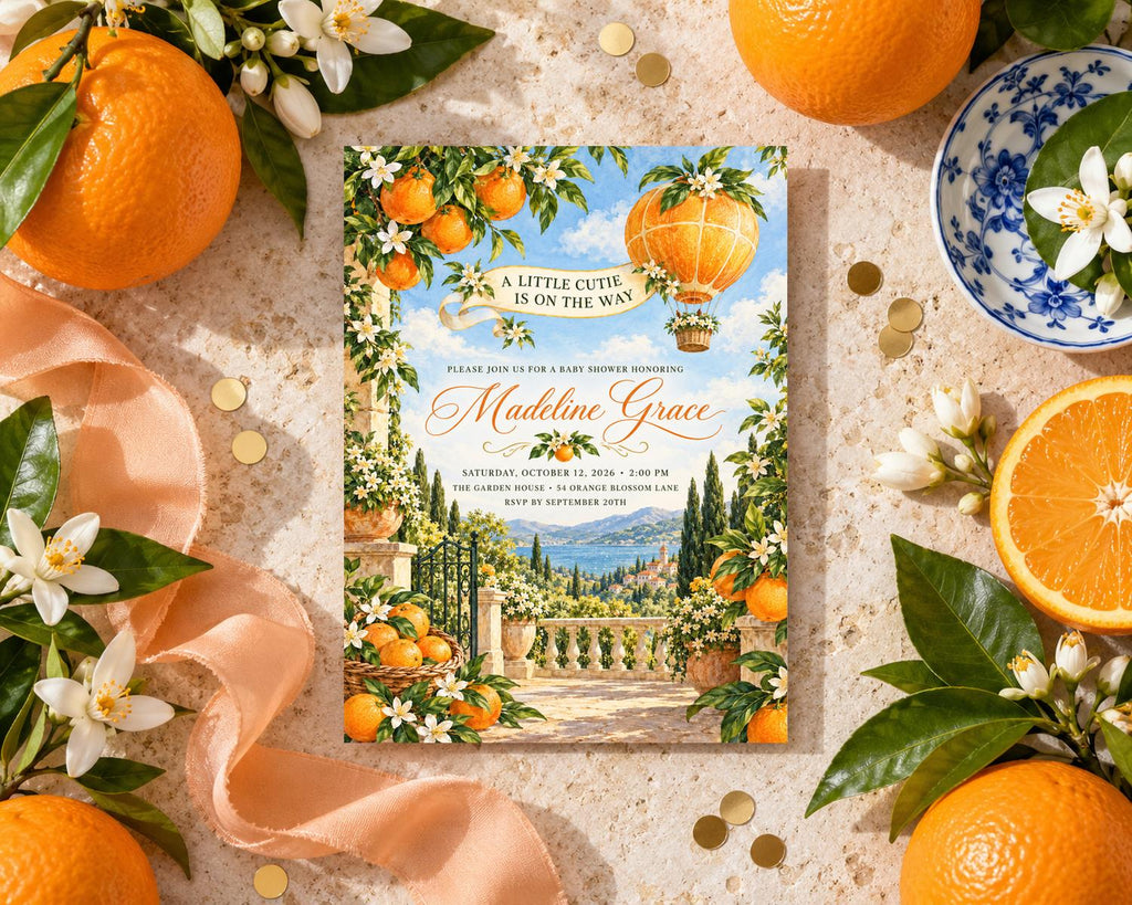a vibrant invitation card with a garden scene, surrounded by fresh oranges, white flowers, and a blue and white plate.