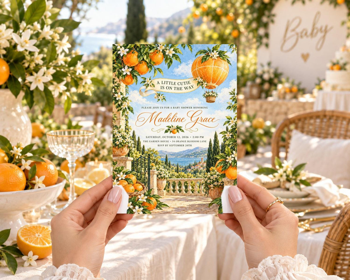 A person's hands holding a baby shower invitation with a scenic background featuring orange trees, a hot air balloon, and a table with food and drinks.