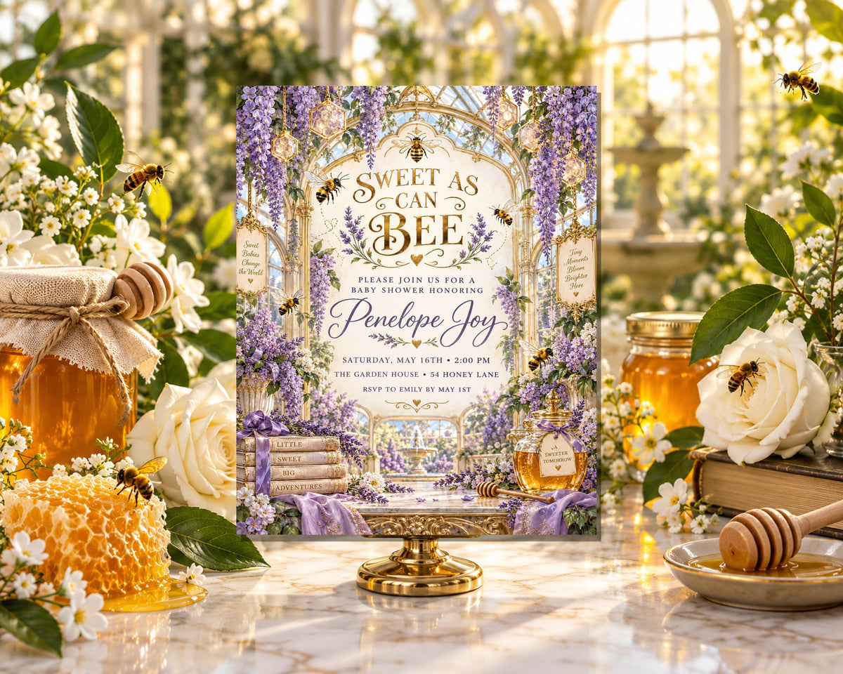 a beautifully designed baby shower invitation with a honeycomb and floral theme, surrounded by honeycombs, flowers, and honey jars.
