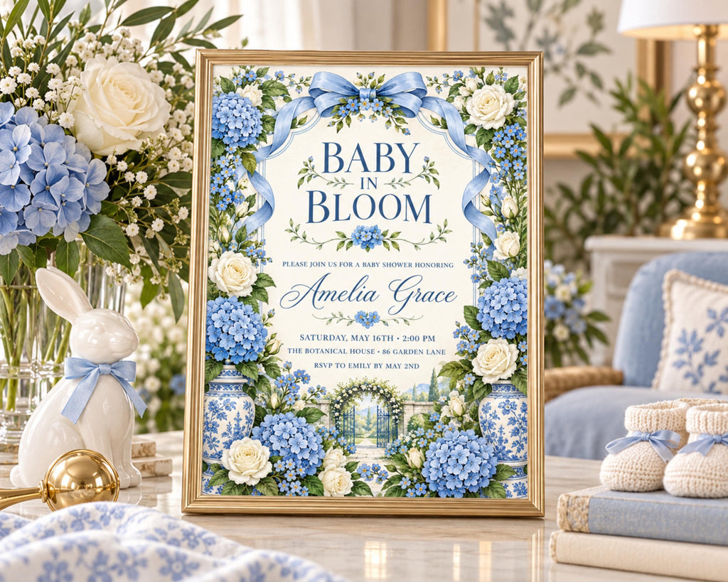 a framed baby shower invitation with a floral design, placed on a table surrounded by decorative items such as a vase of flowers, a rabbit figurine, and baby booties.
