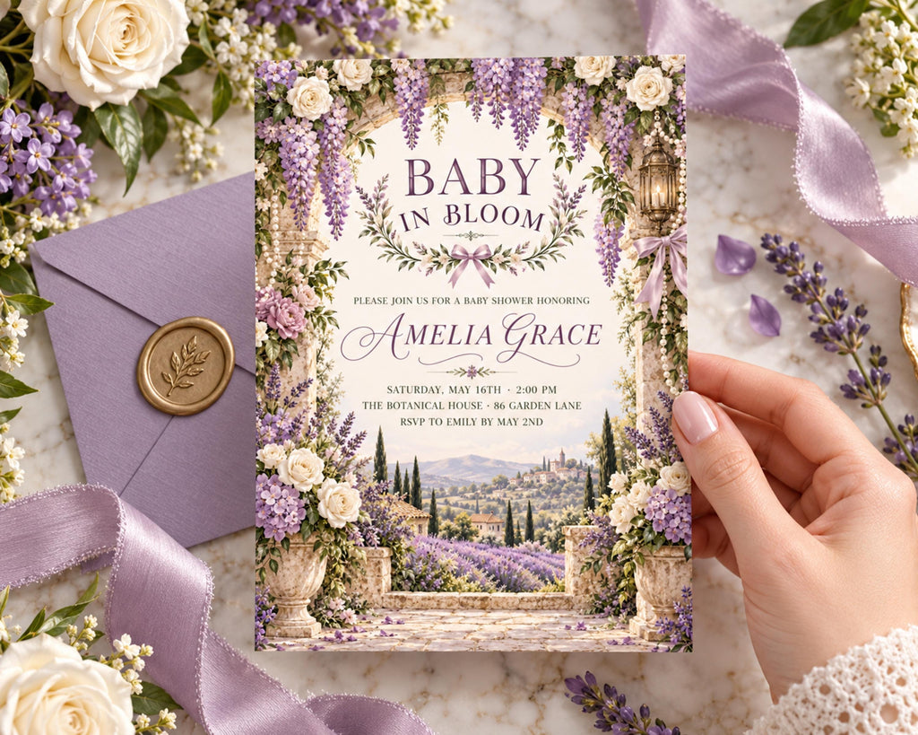 a hand holding a purple invitation card with a floral design, surrounded by purple flowers and a purple envelope.