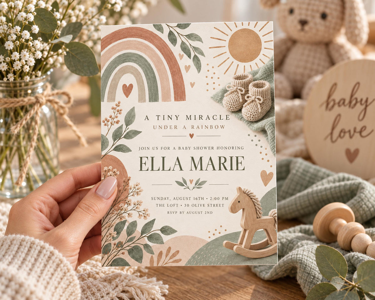A hand holding a baby shower invitation with a rainbow and baby booties design, surrounded by baby-related items and decorations.