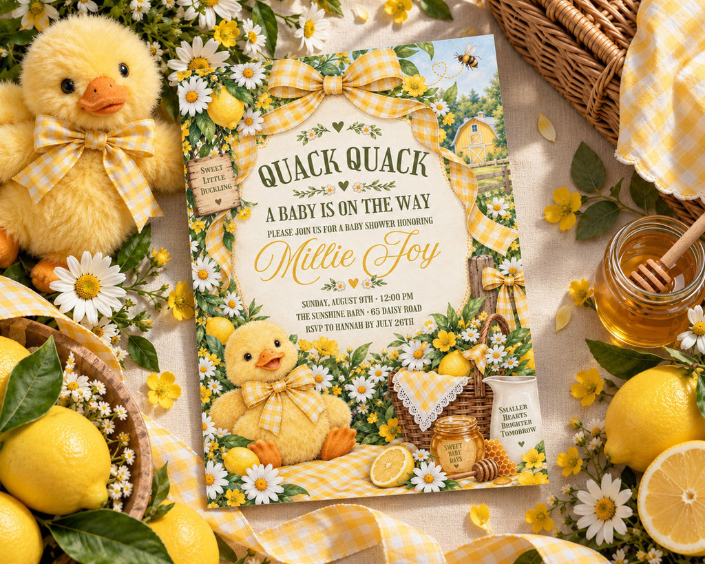 a baby shower invitation with a yellow duck theme, surrounded by various baby-related items such as a stuffed animal, honey, lemons, and flowers.