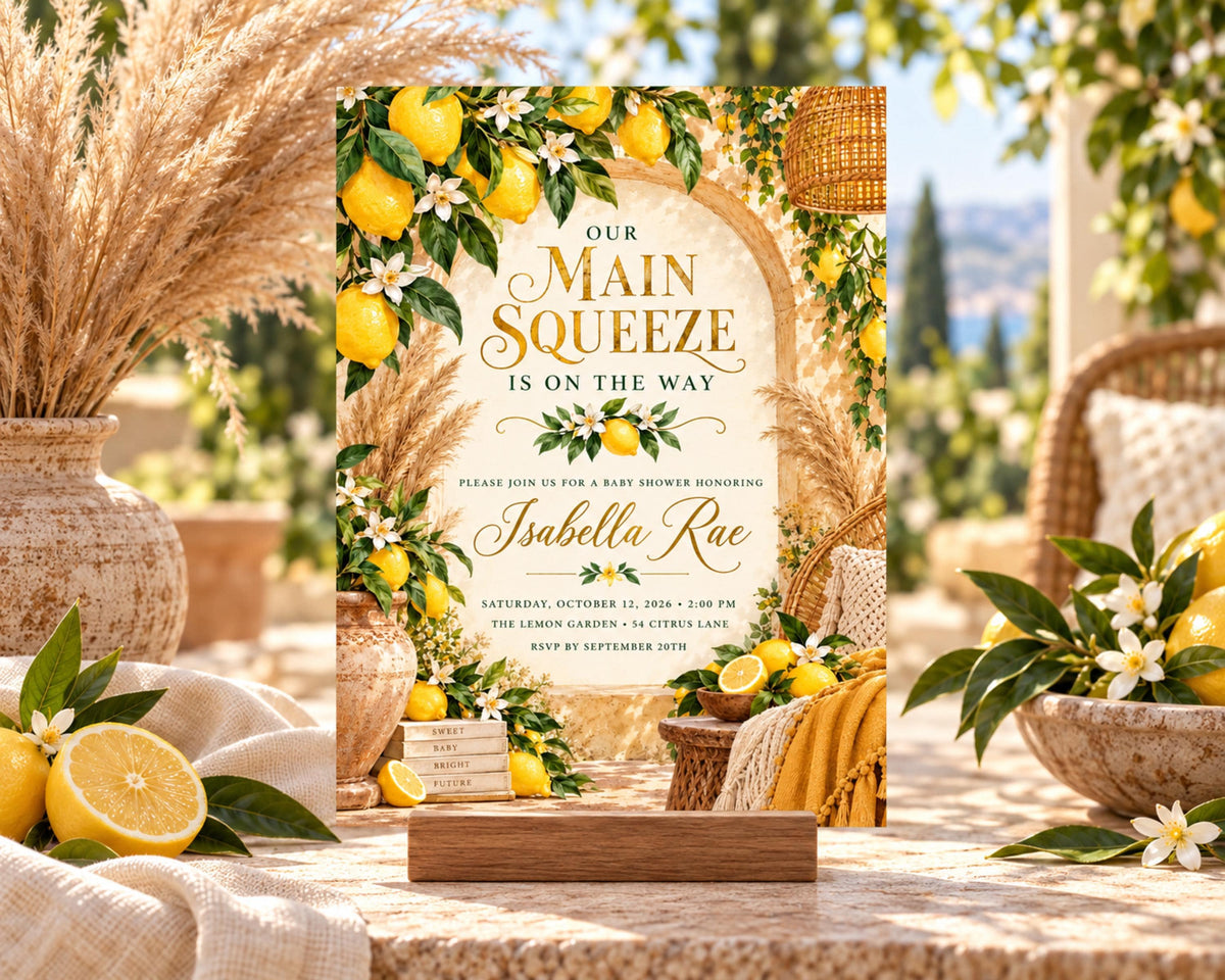 The image is a baby shower invitation featuring a lemon and flower theme, with a wooden stand displaying the invitation.