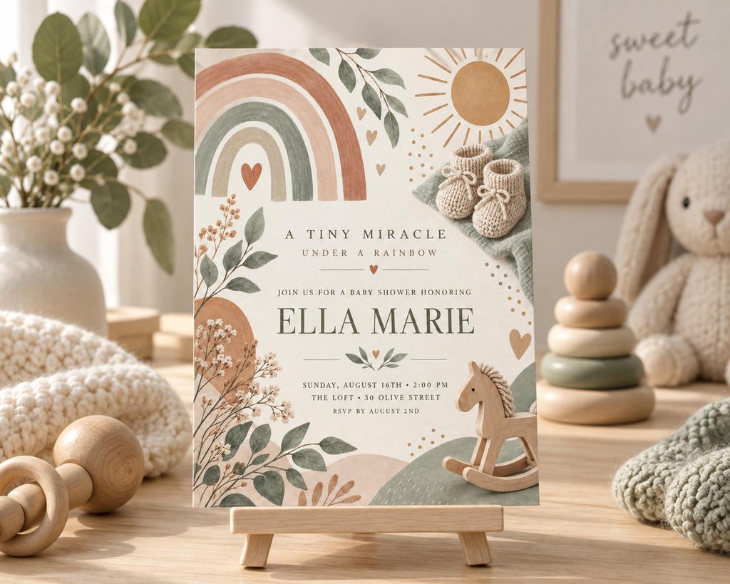 A baby shower invitation featuring a baby shower theme with a baby's feet, a rocking horse, and a rainbow.