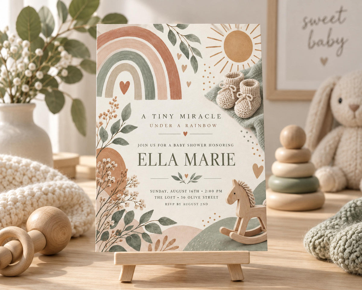 A baby shower invitation featuring a baby shower theme with a baby's feet, a rocking horse, and a rainbow.