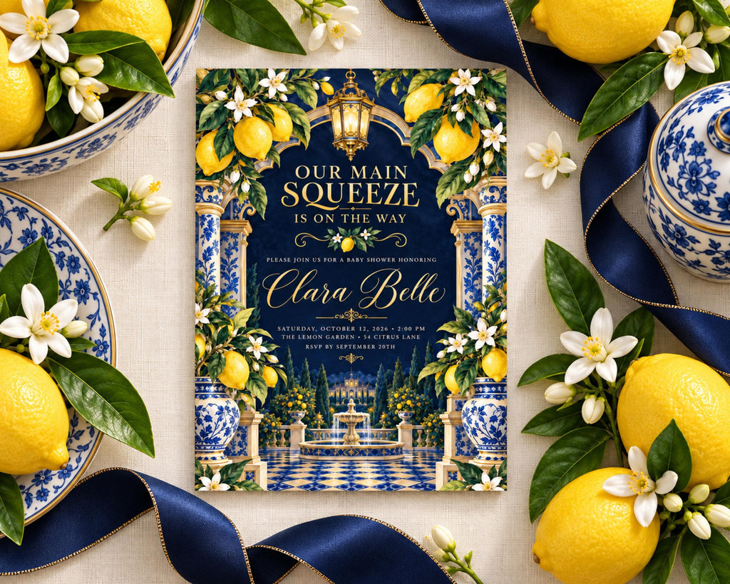 a wedding invitation with a blue and white color scheme, surrounded by various decorative elements such as flowers, lemons, and a blue ribbon.