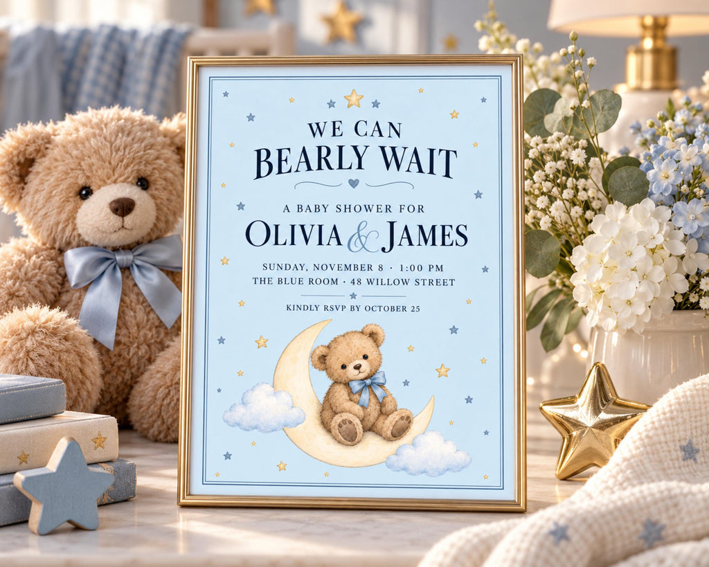a baby shower invitation for a baby shower for Olivia & James, with a teddy bear and a blue background.