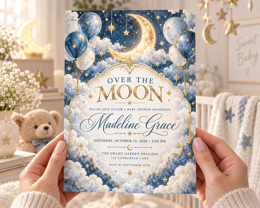 A person is holding a baby shower invitation with a moon and starry night sky theme, featuring blue and white balloons and stars.