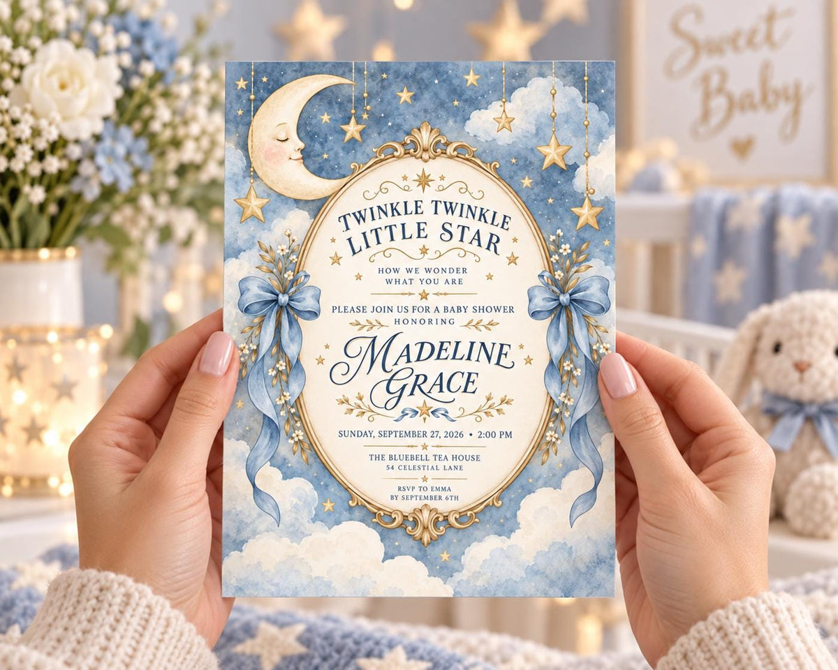 a person holding a baby shower invitation with a moon and star theme. The invitation features a blue and white color scheme with gold accents, and the text is written in a decorative font.