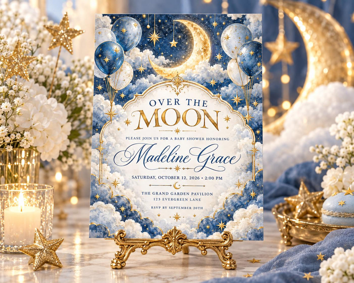 The image is a baby shower invitation for Madeeline Grace, featuring a moon and star theme with blue and gold balloons, flowers, and a star decoration.