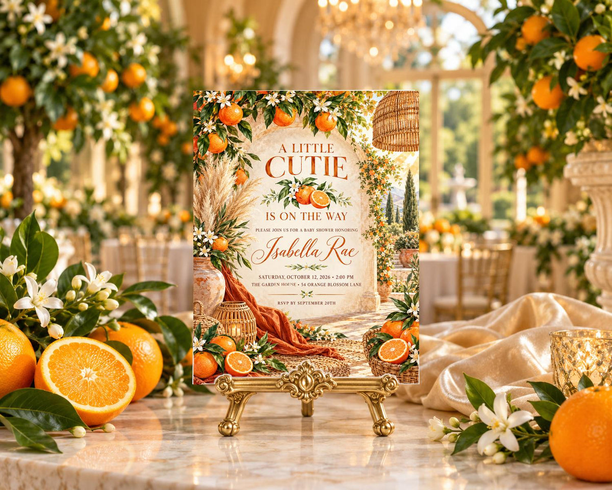 A baby shower invitation featuring a rustic, vintage theme with orange and white accents, surrounded by fresh oranges and flowers.