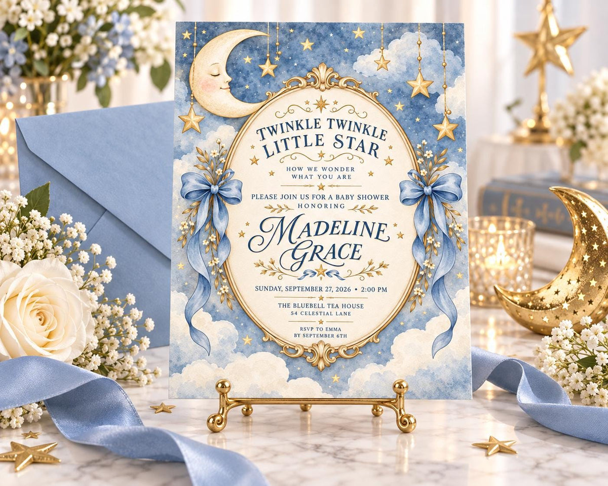a blue and gold baby shower invitation for a baby named Madeline Grace. The invitation is adorned with stars, a crescent moon, and a rose, creating a whimsical and festive atmosphere. The invitation is placed on a table with a vase of flowers and a star decoration, suggesting a celebration of the upcoming baby shower.