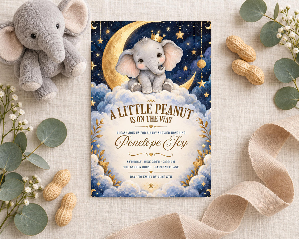 a baby shower invitation with a cute elephant on a crescent moon and stars, surrounded by a ribbon, peanuts, and a stuffed elephant toy.