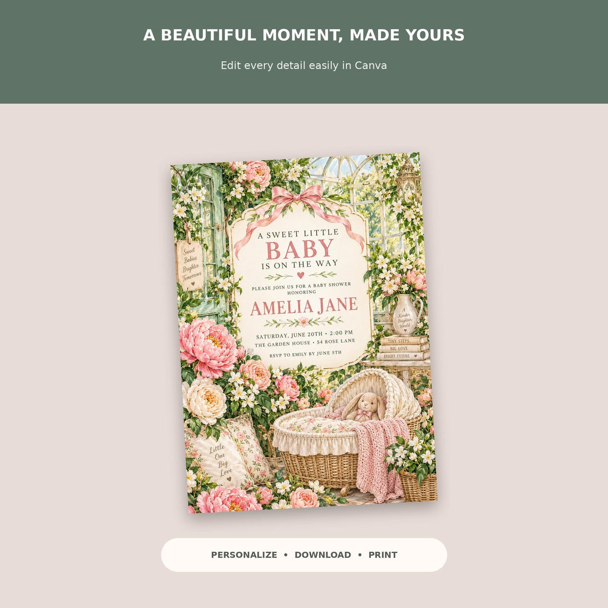 The image is a book cover for "A Sweet Little Baby is on the Way" by Amelia Jane, featuring a floral design with a baby carriage and a baby.