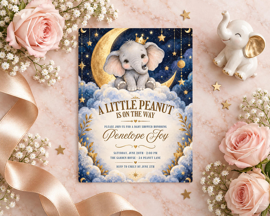 a baby shower invitation with a cute elephant on a crescent moon and stars, surrounded by pink roses and gold stars.