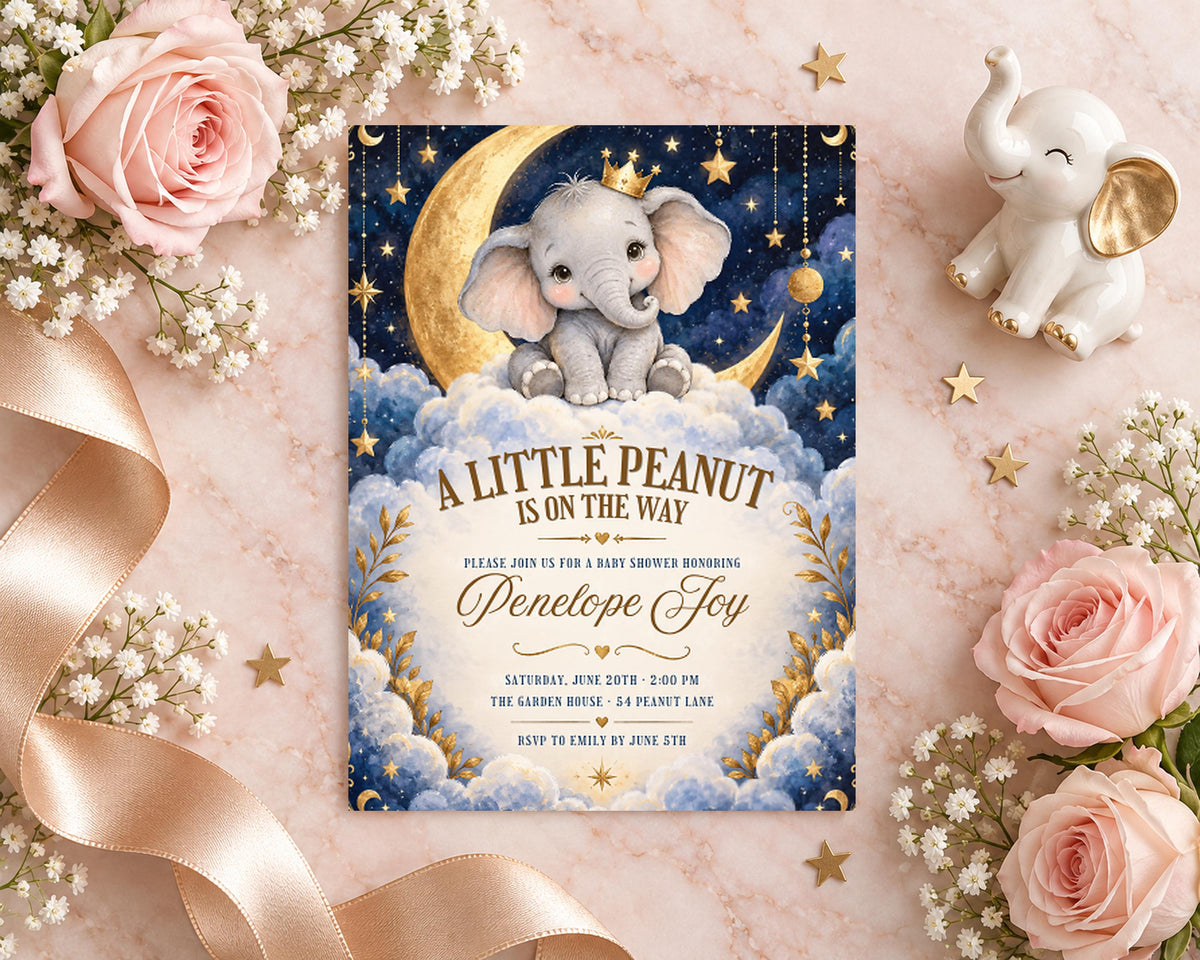 a baby shower invitation with a cute elephant on a crescent moon and stars, surrounded by pink roses and gold stars.