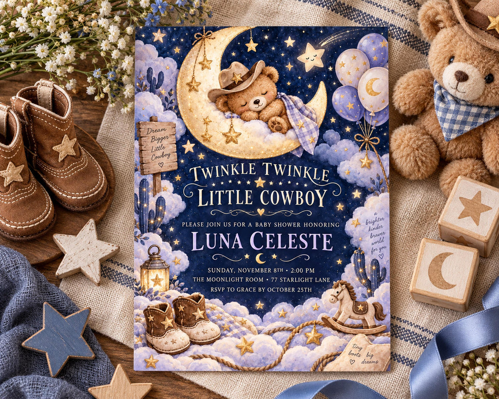 The image is a baby shower invitation featuring a moon and stars theme, with a teddy bear and other baby-related items surrounding it.
