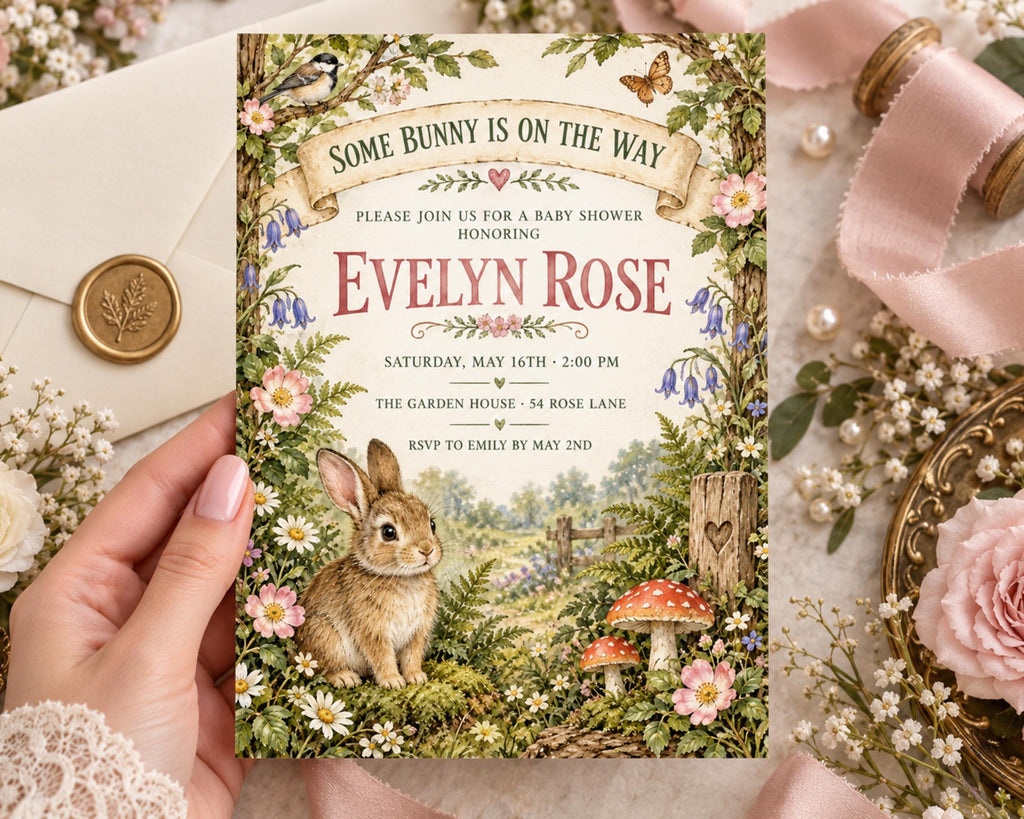 a hand holding a baby shower invitation featuring a rabbit and a garden scene, surrounded by flowers and greenery.