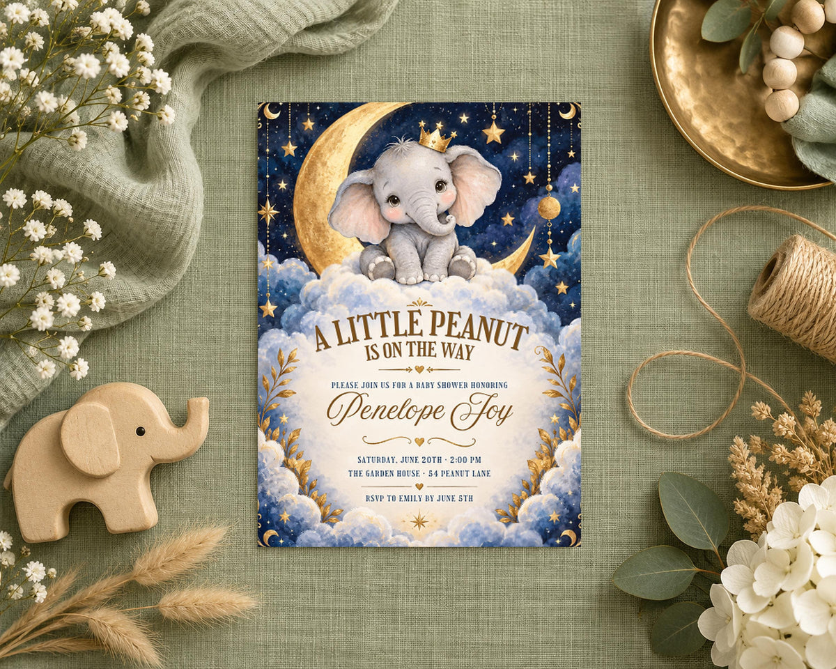 a baby shower invitation with a baby elephant on a cloud, surrounded by various decorative elements such as flowers, a wooden elephant, and a wooden toy.
