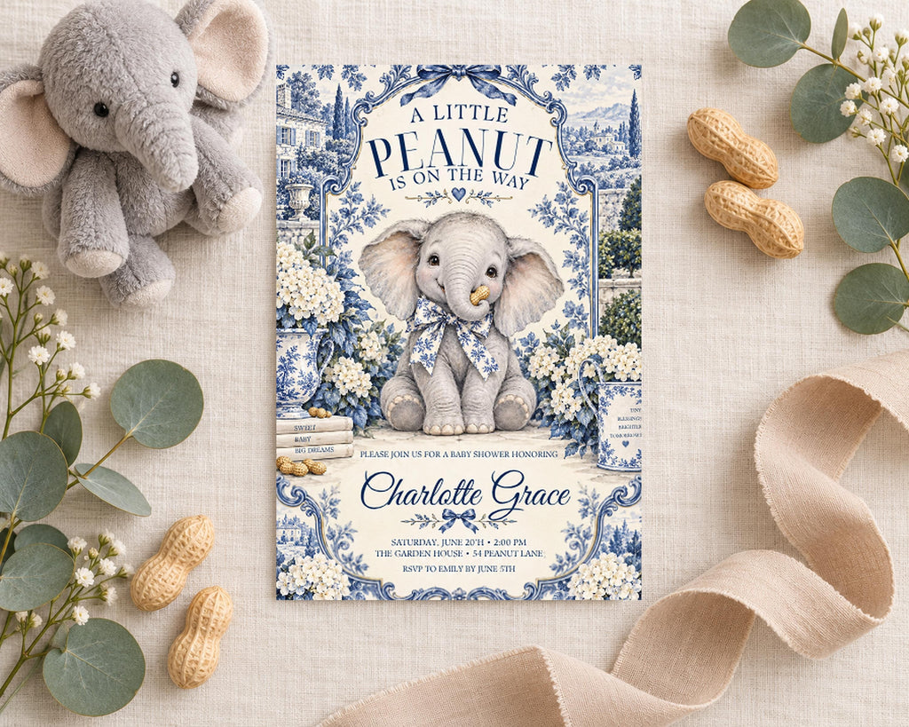 a baby announcement card with a cute elephant illustration, surrounded by various decorative elements such as a stuffed elephant, flowers, and a ribbon.