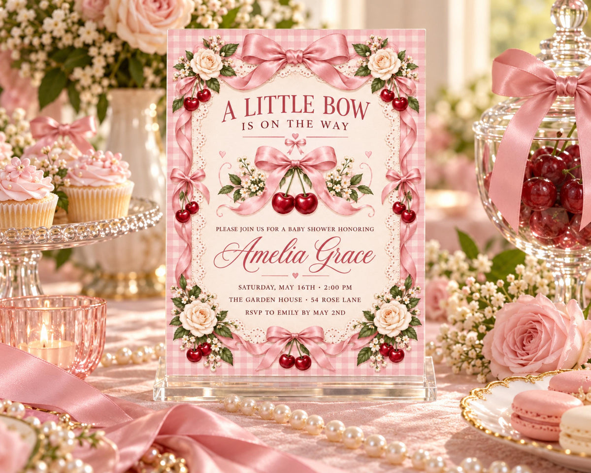 a pink invitation card with a floral design, surrounded by various pink and white decorations, including flowers, ribbons, and macarons.