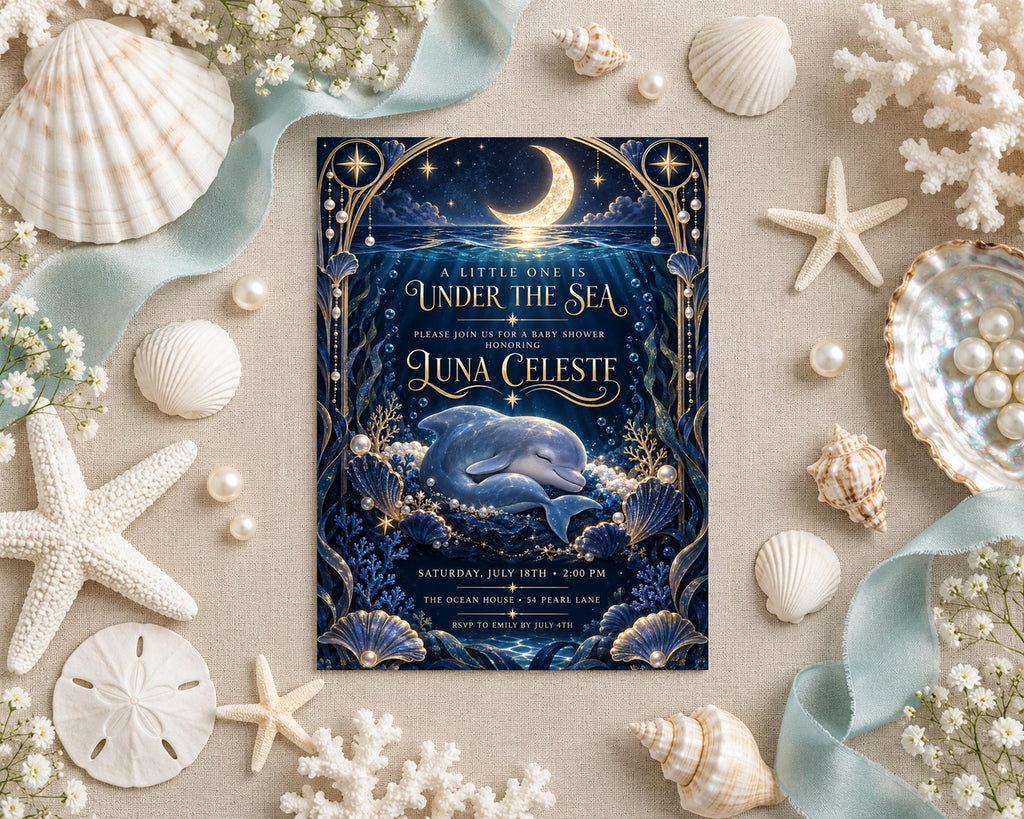 A decorative invitation featuring a dolphin and a crescent moon, surrounded by seashells, pearls, and starfish, with a starfish and a seashell on the right side.
