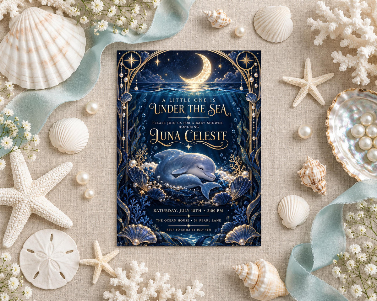 A decorative invitation featuring a dolphin and a crescent moon, surrounded by seashells, pearls, and starfish, with a starfish and a seashell on the right side.