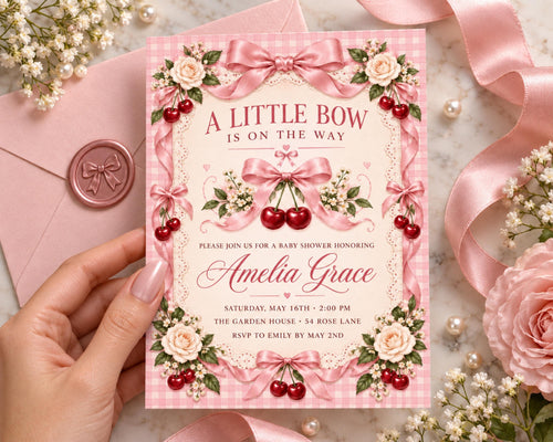 A pink invitation card with a floral design and bows, surrounded by pink ribbons, flowers, and pearls.