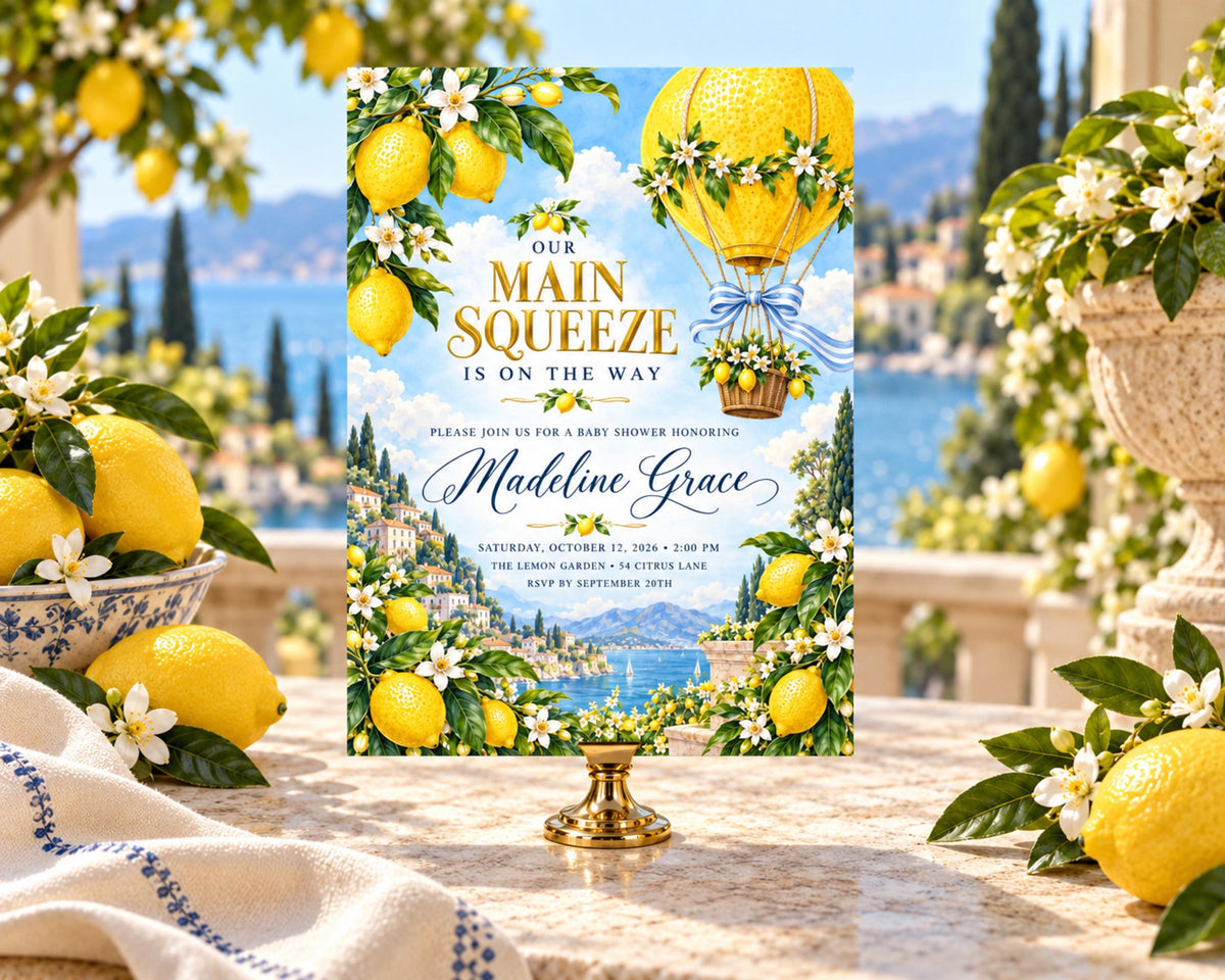 a lemon-themed baby shower invitation with a scenic background of a coastal town and a hot air balloon.