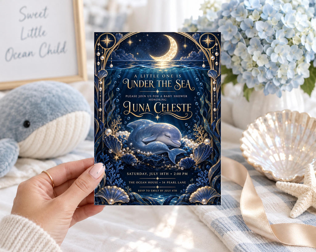 A hand holding a blue and gold invitation card with a dolphin and starry night sky design, surrounded by seashells, a stuffed whale, and a vase of flowers.