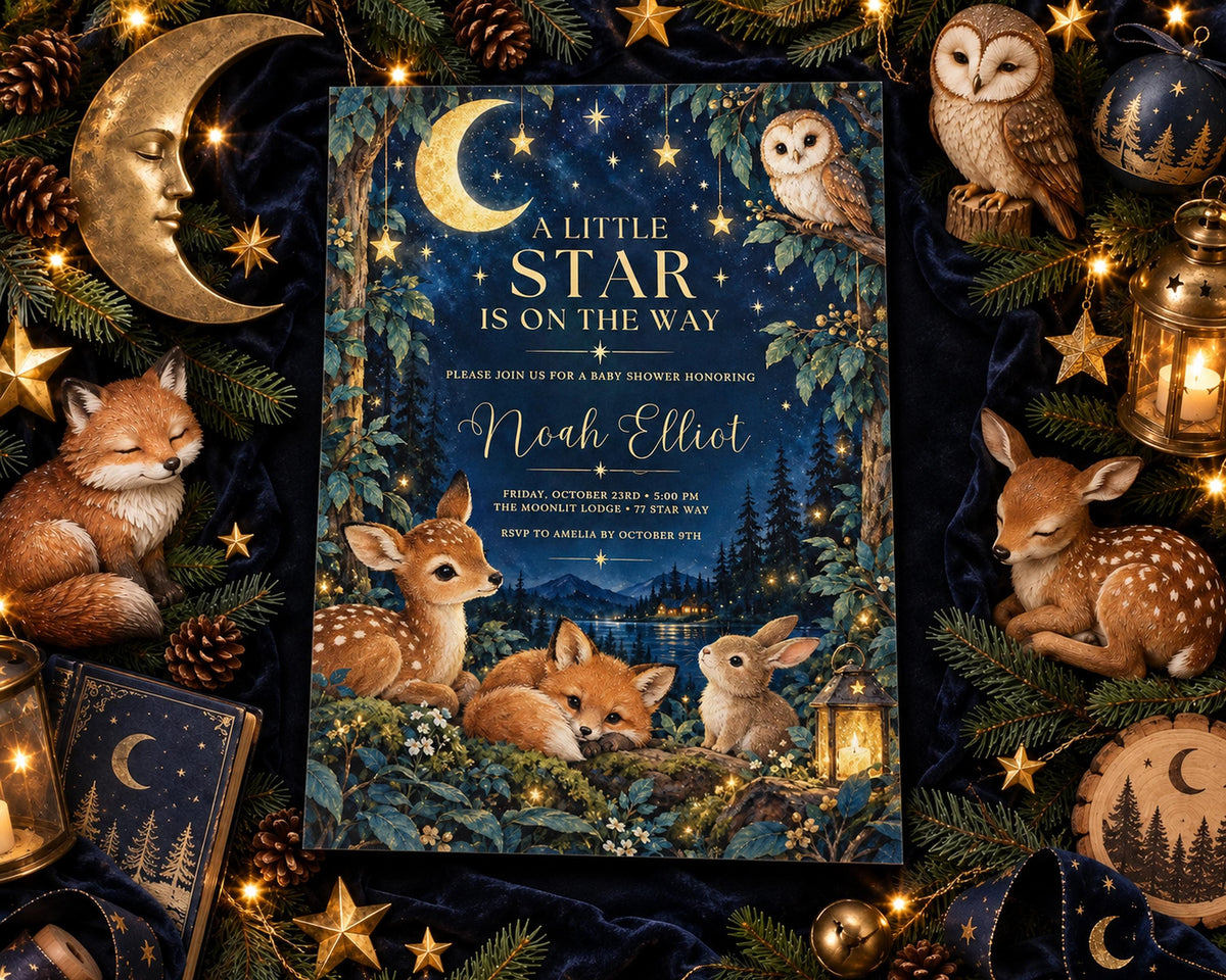 The image is a beautifully illustrated baby shower invitation featuring a night sky theme with stars, a crescent moon, and various woodland animals such as deer, foxes, and owls.