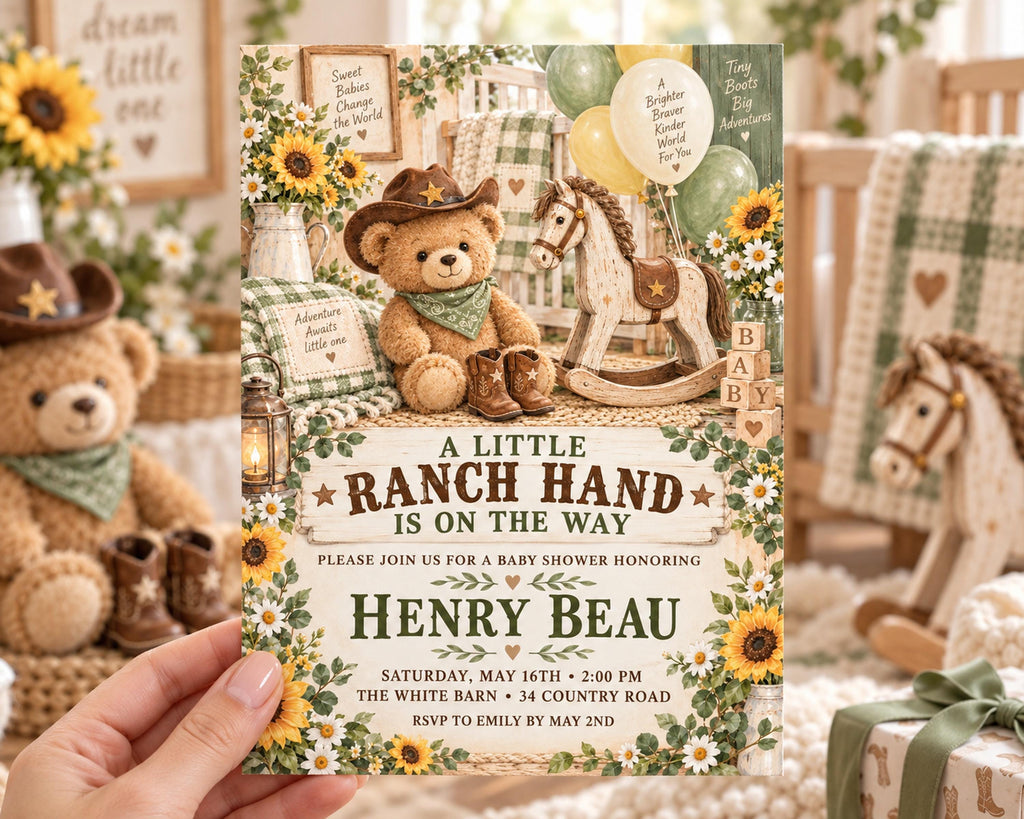 A hand holding a baby shower invitation featuring a teddy bear, rocking horse, and sunflowers, with the text "A LITTLE RANCH HAND IS ON THE WAY" and details about the baby shower event.