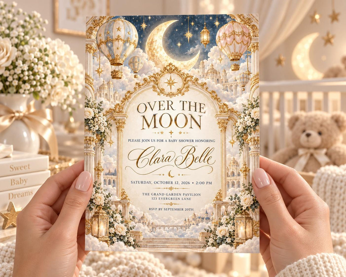 A person is holding a baby shower invitation with a moon and starry night sky theme, featuring a teddy bear and other decorative elements.