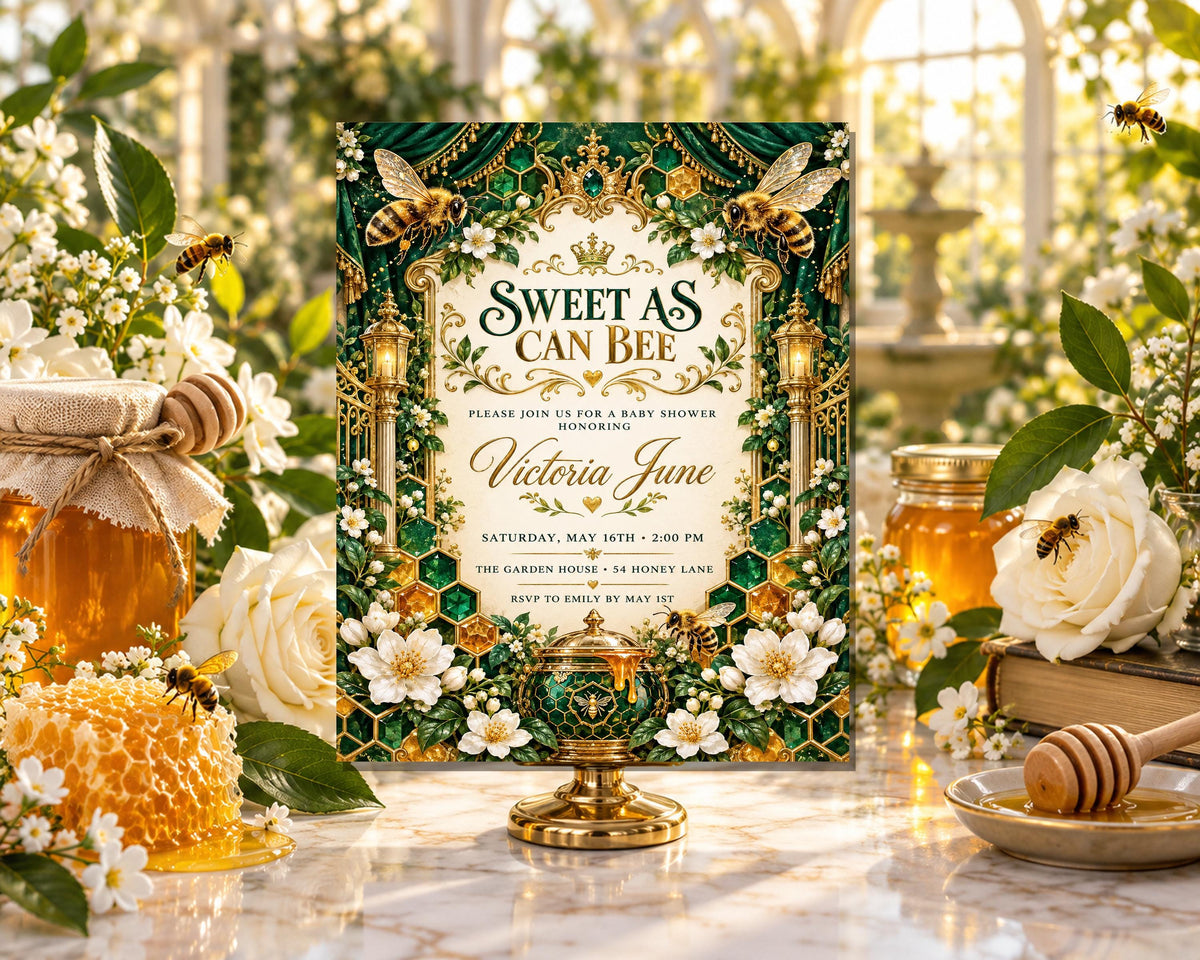 a beautifully designed invitation card for a baby shower, surrounded by honey, flowers, and honeycombs.
