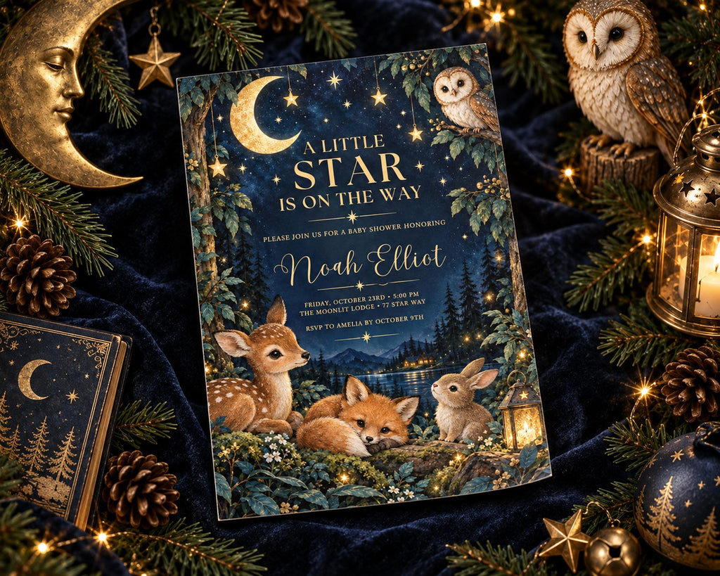 a beautifully designed invitation card with a night sky theme, surrounded by various holiday decorations such as pine cones, stars, and a crescent moon.