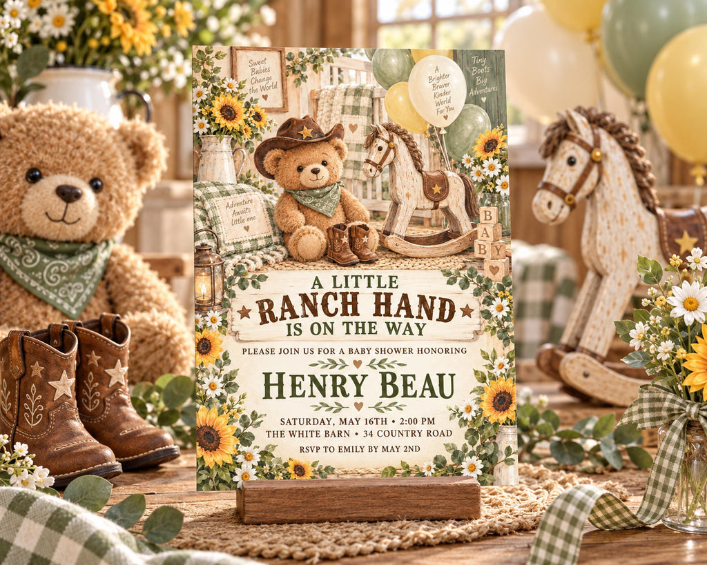 a baby shower invitation for Henry Beau, with a rustic theme, surrounded by various baby-related items such as a teddy bear, rocking horse, and cowboy boots.