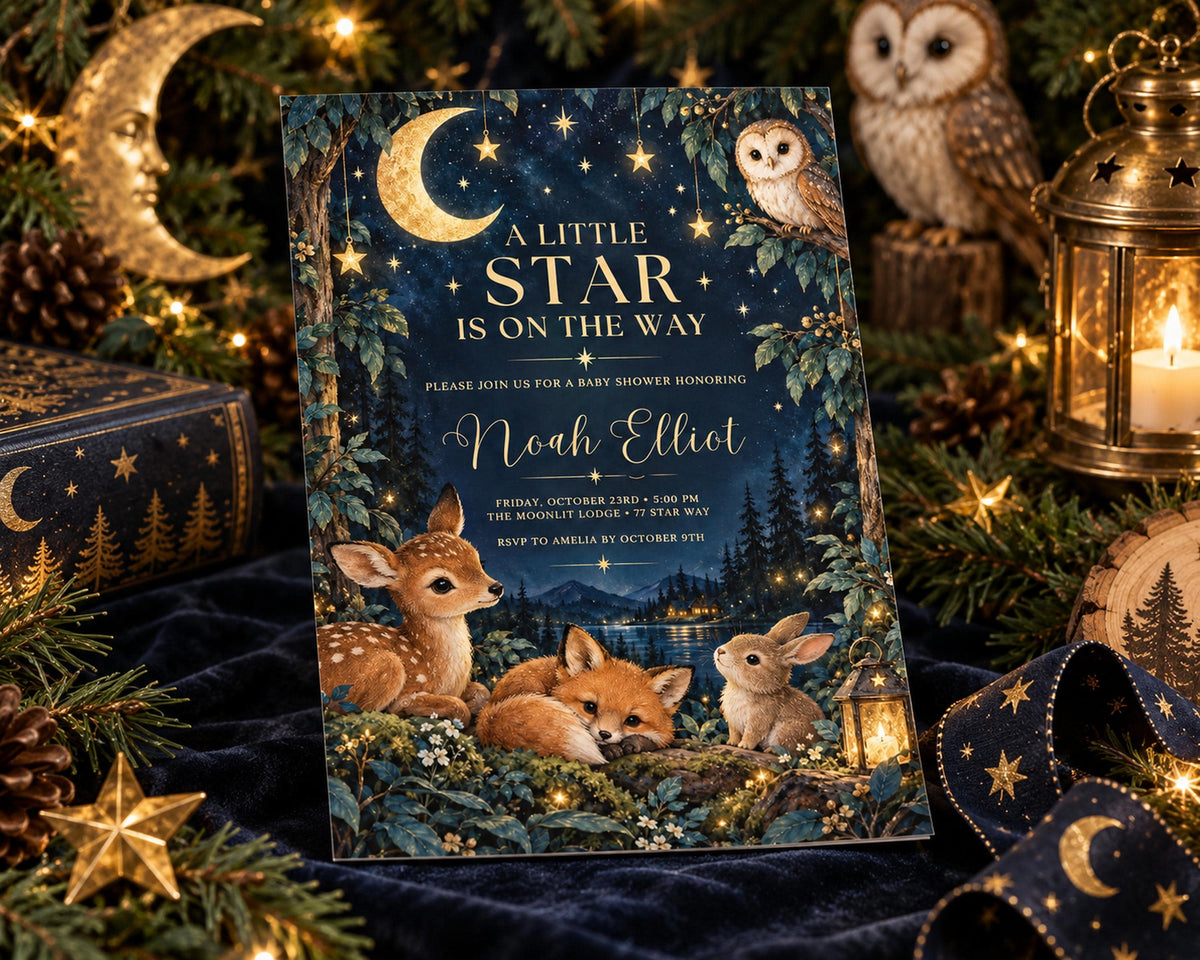 The image is a baby shower invitation featuring a forest scene with deer, foxes, and an owl, surrounded by stars and a crescent moon.